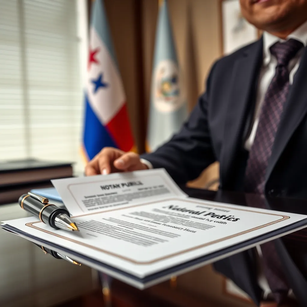A close-up photo of a Panamanian notary public's desk with a pen, a will document, and a certificate of mental health from a psychiatrist. The notary public is wearing a suit and a badge, and the scene is set in a professional office with a Panamanian flag in the background. The image should convey a sense of formality and legal authority.