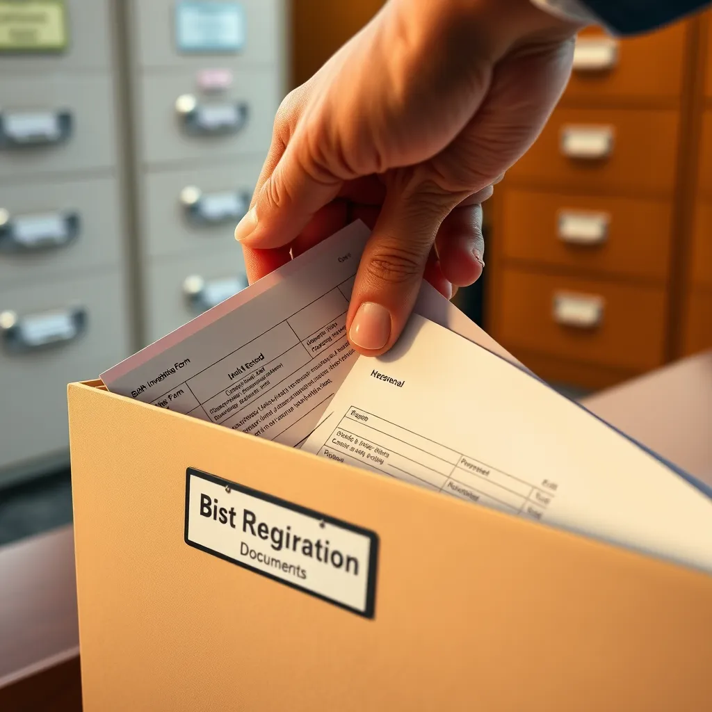 A close-up photo of a person's hand placing a birth investigation form and a clinical birth record into a file folder. The folder should have a label that reads "Birth Registration Documents." The background should be a government office with a desk and filing cabinets.