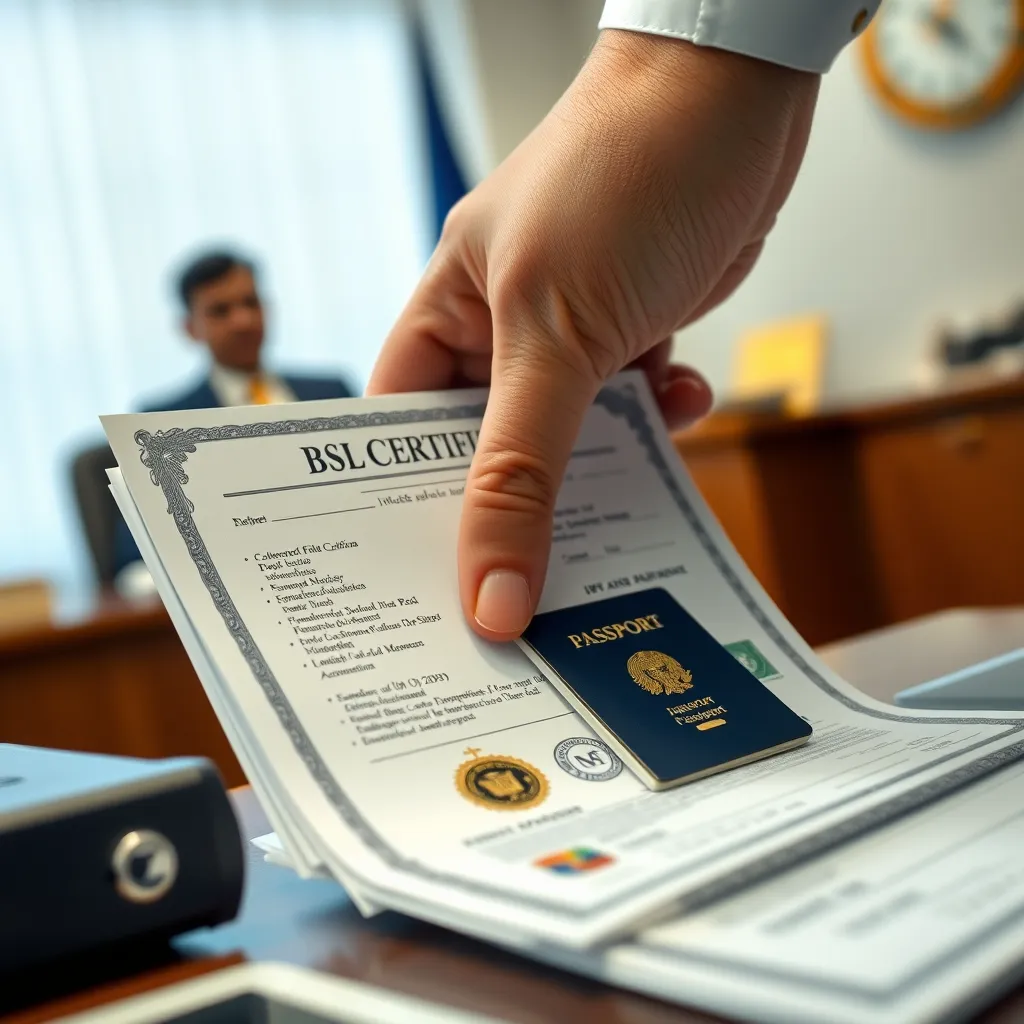 A close-up shot of a person's hand carefully placing a stack of official documents, including a birth certificate, passport, and identification card, on a desk in a government office. The documents should be clearly visible, with a subtle blur effect on the background to emphasize the importance of the documents.