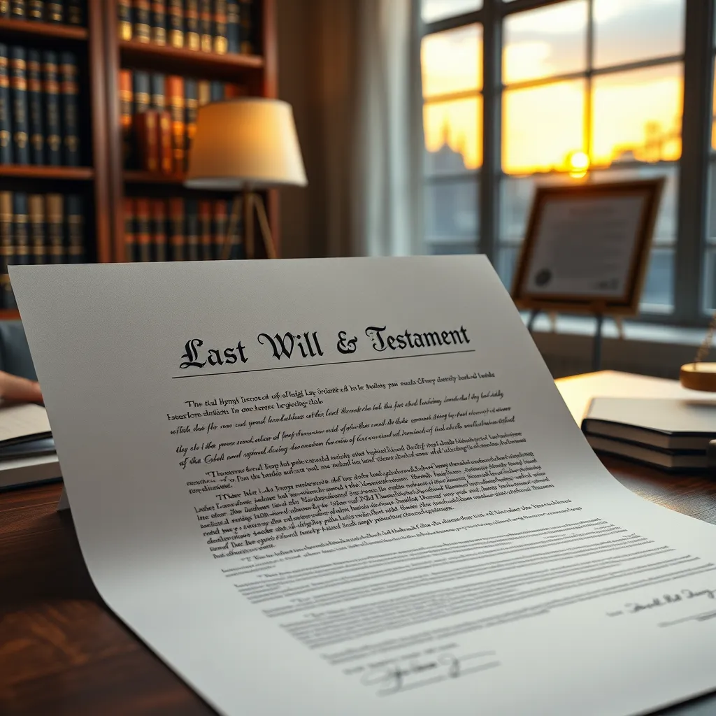 A close-up shot of a signed Last Will and Testament document on a lawyer's desk under a soft spotlight. The document is meticulously crafted with legal jargon and handwritten signatures. The background includes a bookshelf filled with legal texts, a framed diploma, and a window with a view of a sunset. The scene should exude a sense of formality and professionalism. Render in photorealistic style with 8K resolution.