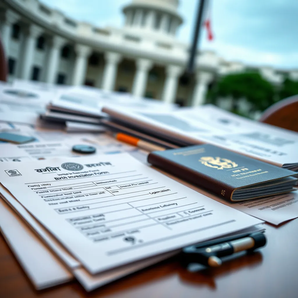 A close-up shot of a table covered in official documents, including a birth certificate, passport, and a form titled 'Birth Investigation Form.'  The documents are neatly organized and labeled, highlighting the complexity of the process. The background is a blurred image of a government building.