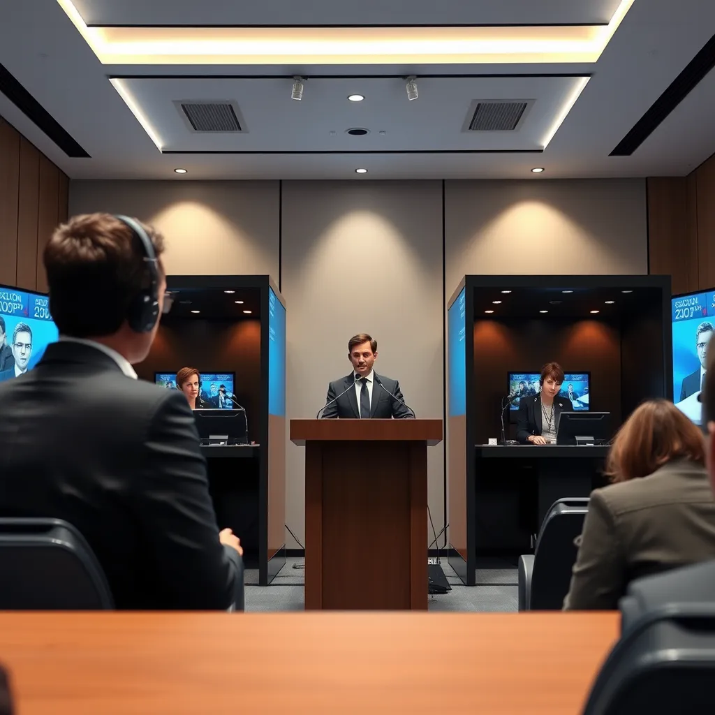 A conference room with a speaker at the podium, addressing an audience. In the background, two interpreters are seated in booths, wearing headsets and speaking into microphones. The booths are soundproof and equipped with monitors displaying the speaker's presentation. The lighting is bright and clear, with overhead lights and spotlights illuminating the speaker and the interpreters. The camera angle is slightly elevated, looking down at the scene, capturing both the speaker and the interpreters. The image should be hyperrealistic and detailed, with realistic textures on the clothing, skin, and equipment. The background should be a modern, minimalist conference room with a sleek, contemporary design.