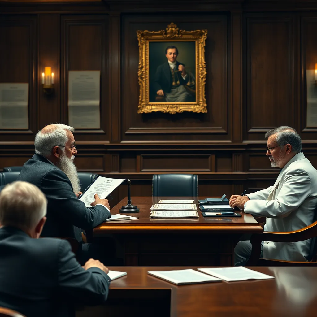 A courtroom scene with a judge presiding over a will contest. A lawyer is presenting evidence of a testator's mental capacity, with a psychiatrist sitting beside them, while the opposing counsel is arguing against it. The background should be a dignified courtroom with legal documents and a portrait of justice on the wall.