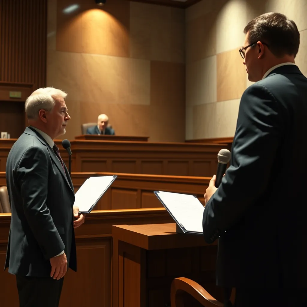 A courtroom scene with a judge seated on the bench, a lawyer addressing the court, and a defendant sitting at the table. In the foreground, an interpreter is standing next to the defendant, wearing a professional attire and holding a microphone. The lighting is dramatic, with a spotlight on the judge and the lawyer, and soft shadows cast on the other figures. The camera angle is slightly low, looking up at the scene, creating a sense of authority and formality. The image should be hyperrealistic and detailed, with realistic textures on the clothing, skin, and furniture. The background should be a traditional courtroom setting with a wooden bench, marble walls