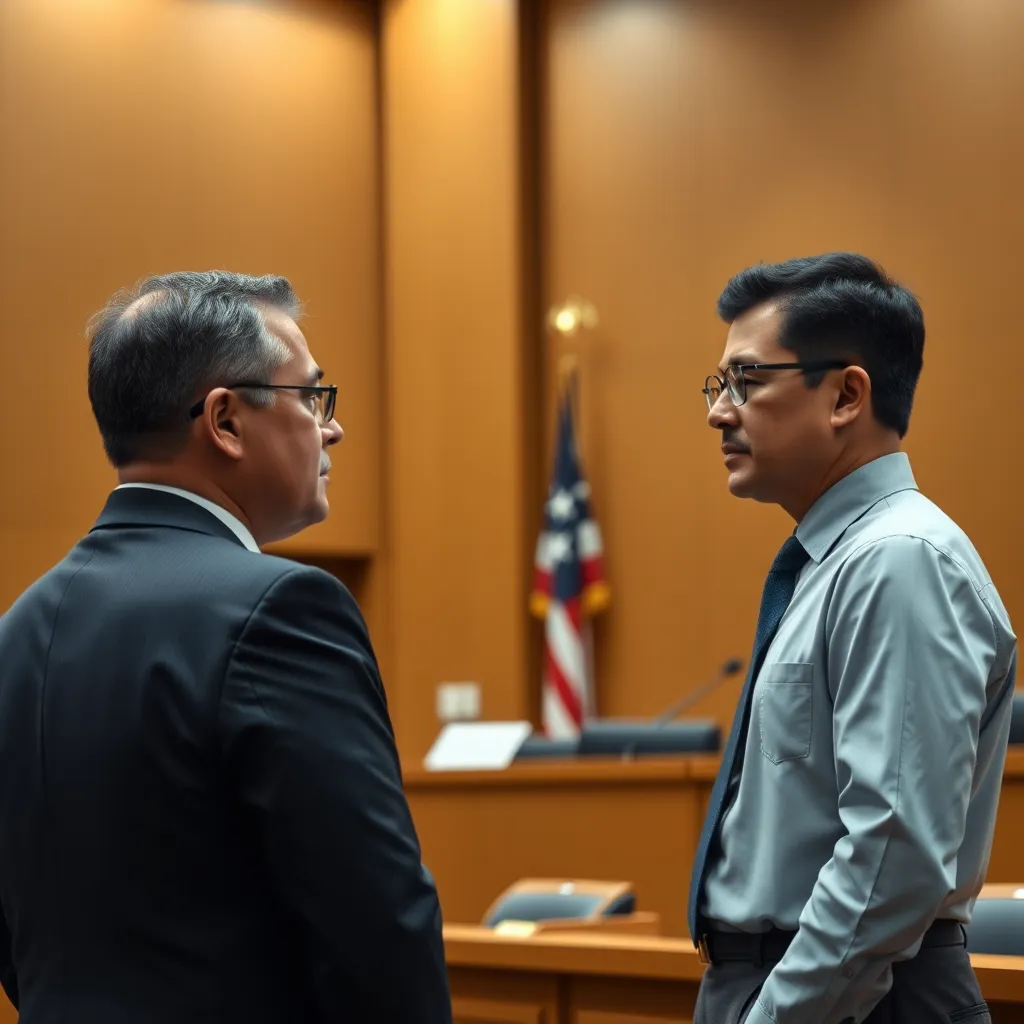 A courtroom scene with a lawyer speaking to a client, and an interpreter standing beside them, translating the conversation into Spanish. The courtroom should be well-lit and have a sense of professionalism. The interpreter should be focused and attentive, wearing a professional attire.