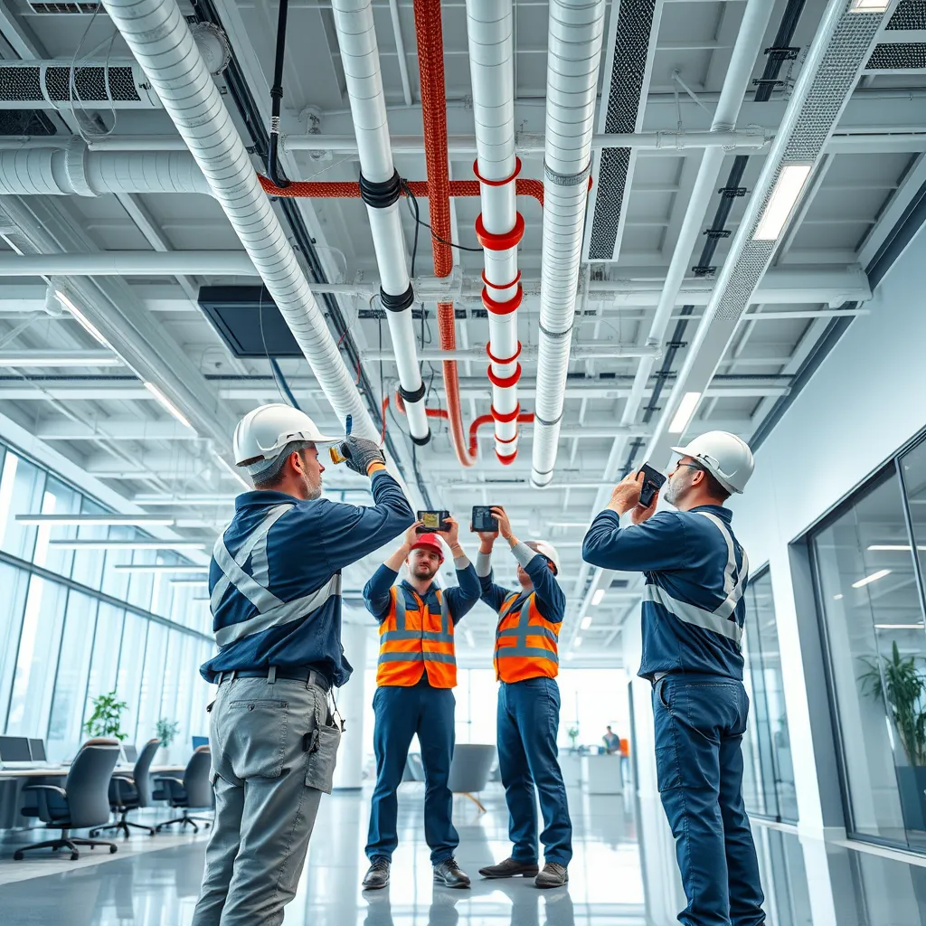A detailed and realistic photo of a team of skilled technicians installing a fire sprinkler system in a large, modern office building. The image should capture the intricate details of the system, including the pipes, sprinklers, and control panel. The lighting should be bright and well-lit, showcasing the professional work of the technicians. The image should have a clean and professional aesthetic, capturing the efficiency and expertise of the installation process. The background should be a modern office space with clear lines and contemporary furniture. The image should convey a sense of safety and reliability, emphasizing the high quality of the fire suppression system. The image should be rendered in 8K resolution, showcasing the intricate details of the system and the environment. The colors should be vibrant and realistic, capturing the true appearance of the space and equipment. The composition should be dynamic and visually engaging, drawing the viewer's attention to the technicians and the fire suppression system.