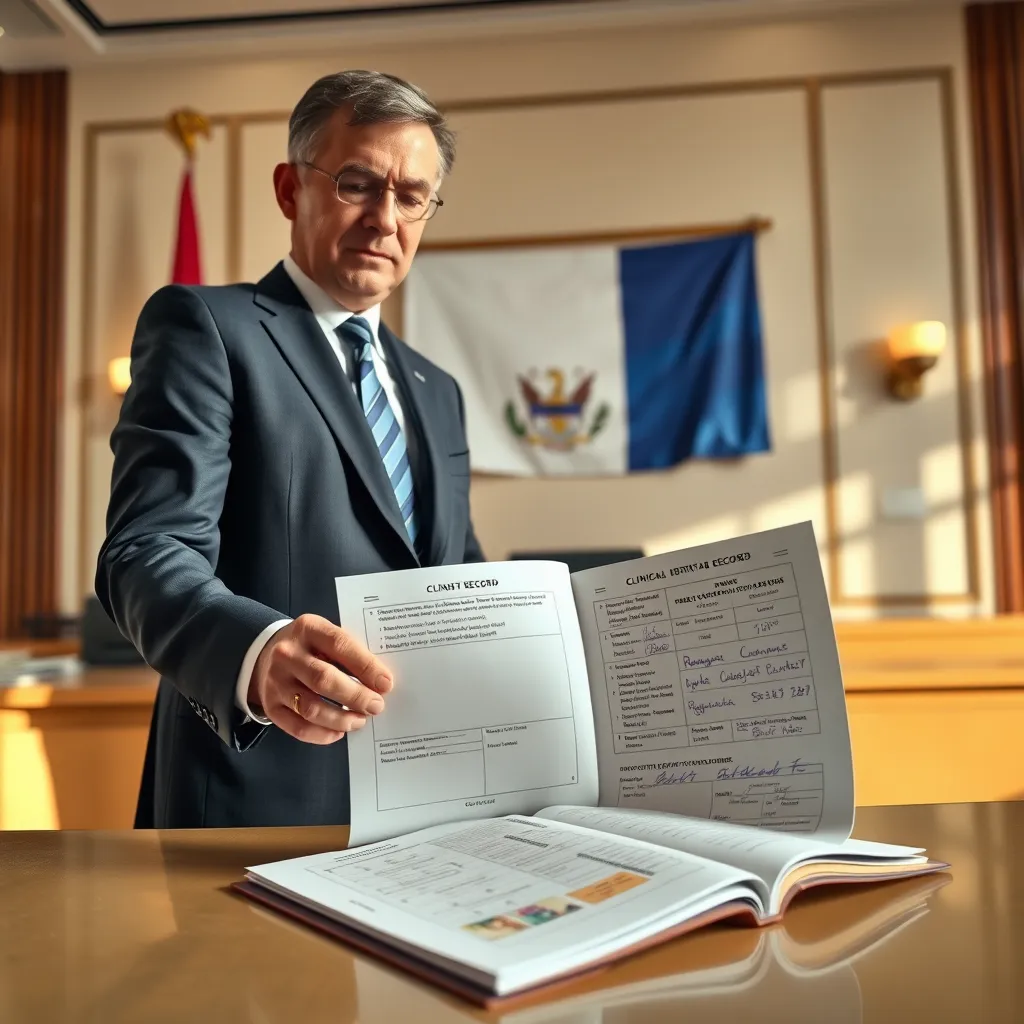 A detailed image of a government official, dressed in a formal suit, standing at a counter in a Ministry of Foreign Affairs office. The official is carefully reviewing a Clinical Birth Record, which is placed on a table in front of them. The document is open to reveal a detailed record of a birth, with handwritten notes and official stamps. Behind the counter, a large Panama flag hangs on the wall, symbolizing the national authority. The office is well-lit with warm, natural lighting, casting soft shadows on the surfaces. The image should have a sense of solemnity and formality, reflecting the importance of official documentation in the birth registration process. The image should be rendered in 8K resolution with hyperrealistic details, using a wide-angle lens perspective to emphasize the grandeur of the government building.