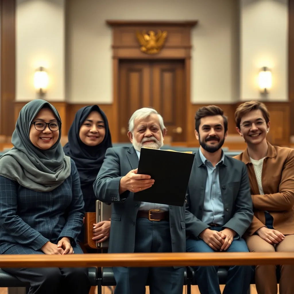 A diverse group of people, including a woman in a hijab, an elderly man, and a young couple, sitting in a waiting area of a courthouse. A friendly interpreter is standing in front of them, holding a folder and smiling, ready to assist them with their legal process.