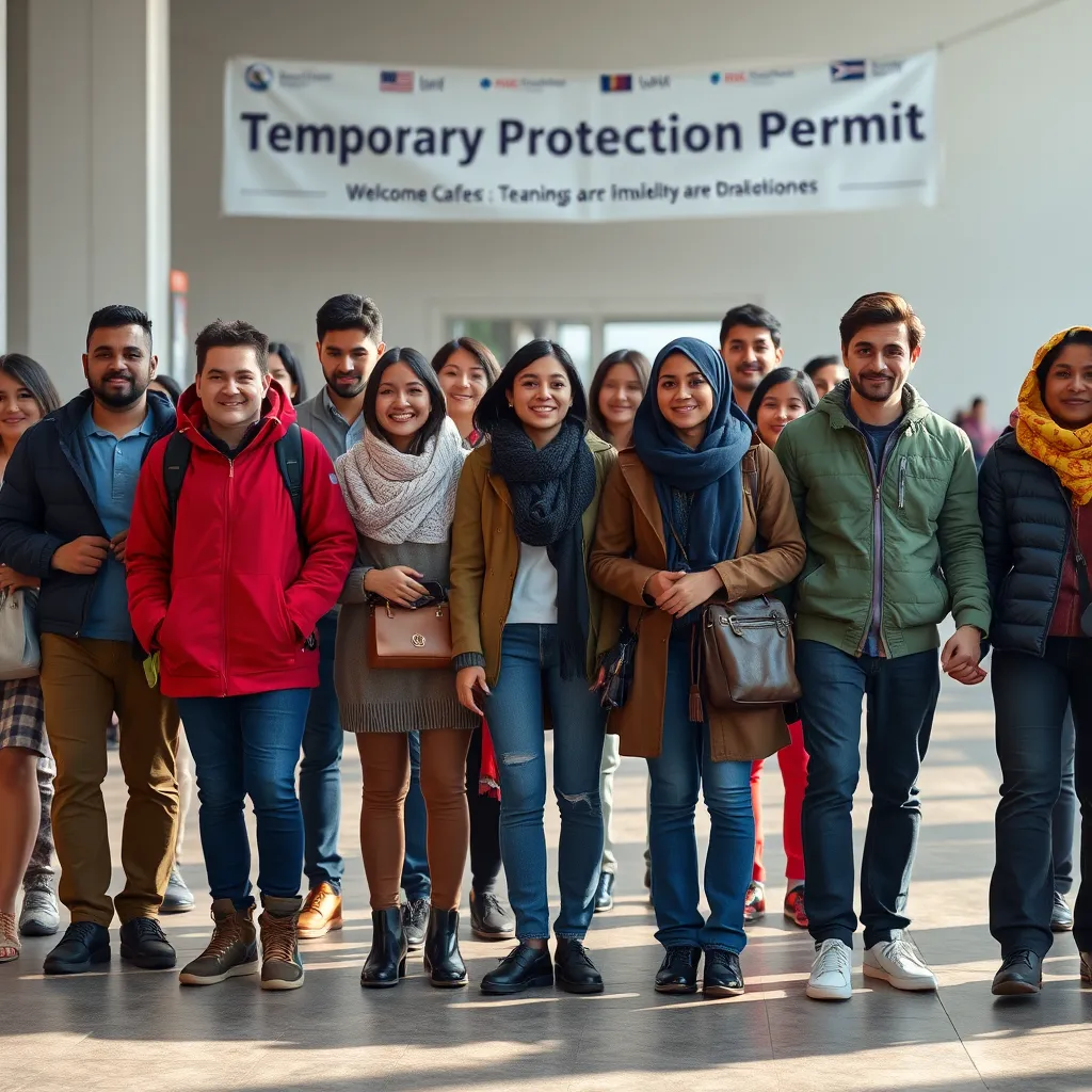 A diverse group of people, representing different nationalities, standing together in a welcoming environment. The people should be holding hands and smiling, and the background should depict a peaceful and hopeful setting, possibly with a banner that reads "Temporary Protection Permit".