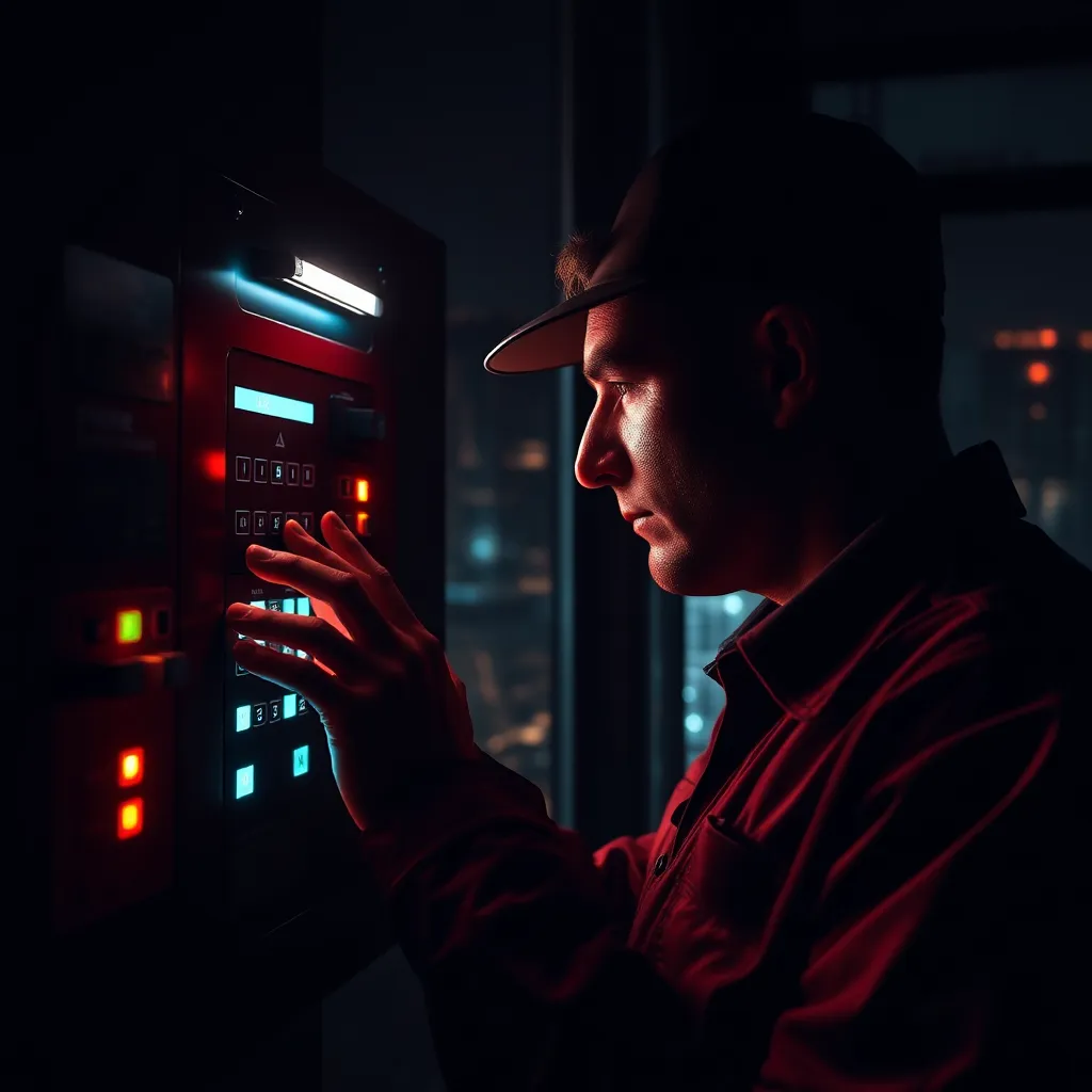 A dramatic image of a technician inspecting a fire alarm panel in a high-security building, with the background filled with the glow of the city lights. The image should showcase the intricate details of the alarm panel, with the lights flickering and the buttons glowing. The technician should be wearing a uniform, creating a sense of professionalism and expertise. The lighting should be dramatic, with shadows cast across the panel and the technician's face. The image should convey a sense of urgency and importance, highlighting the critical role of fire alarm systems in maintaining safety. The image should be rendered in 8K resolution with hyperrealistic details. The color palette should be dark and moody, creating a sense of drama and suspense. The composition should be dynamic and engaging, capturing the viewer's attention to the technician and the alarm panel. The image should be styled in the style of a photojournalist, capturing a sense of authenticity and immediacy.