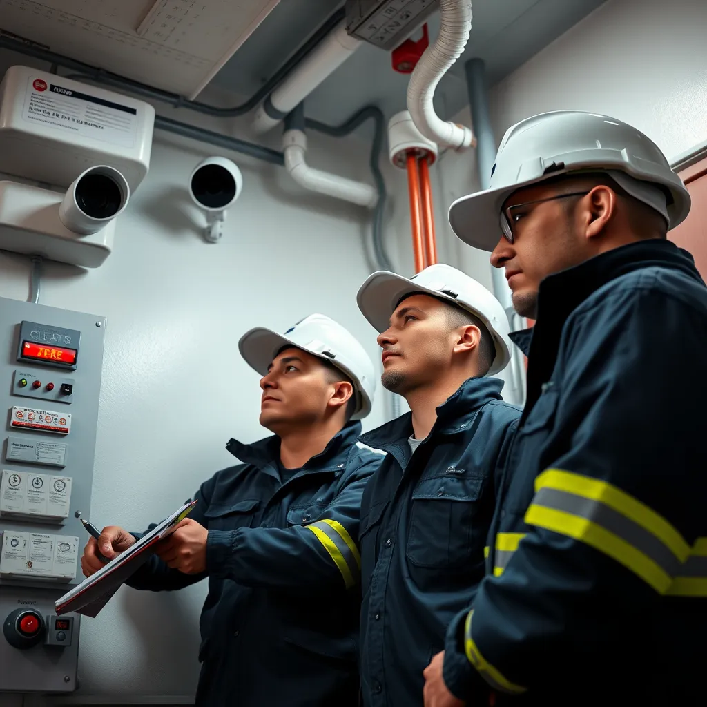 A group of technicians in uniform working on a fire alarm panel, a security camera, and a fire sprinkler system. The image should highlight the professionalism and expertise of the technicians.