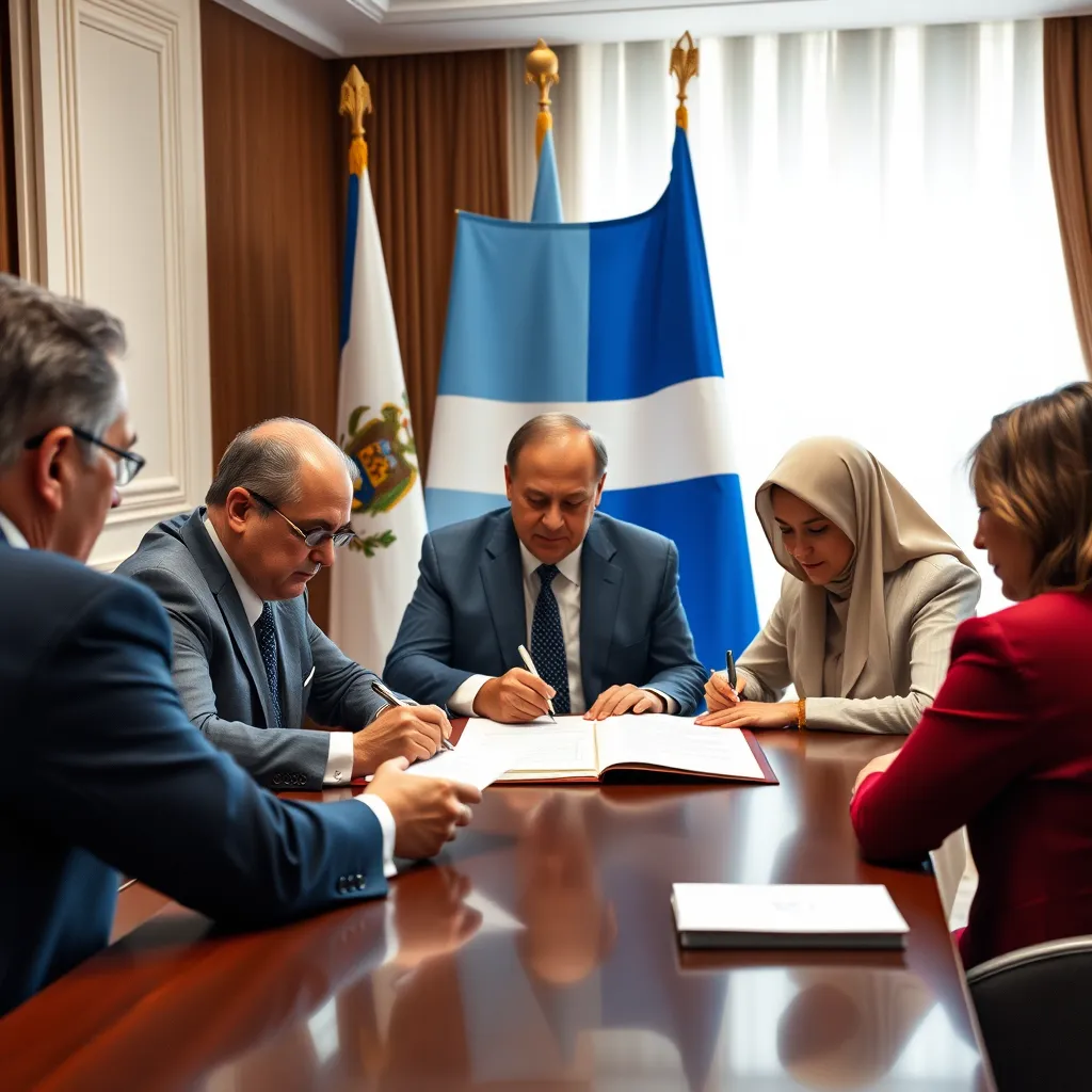 A group of three individuals signing a document in front of a notary public. They are seated at a table with a Panamanian flag in the background, symbolizing the official nature of the process.  The document is open and visible, suggesting the importance of witnesses in the legal process.