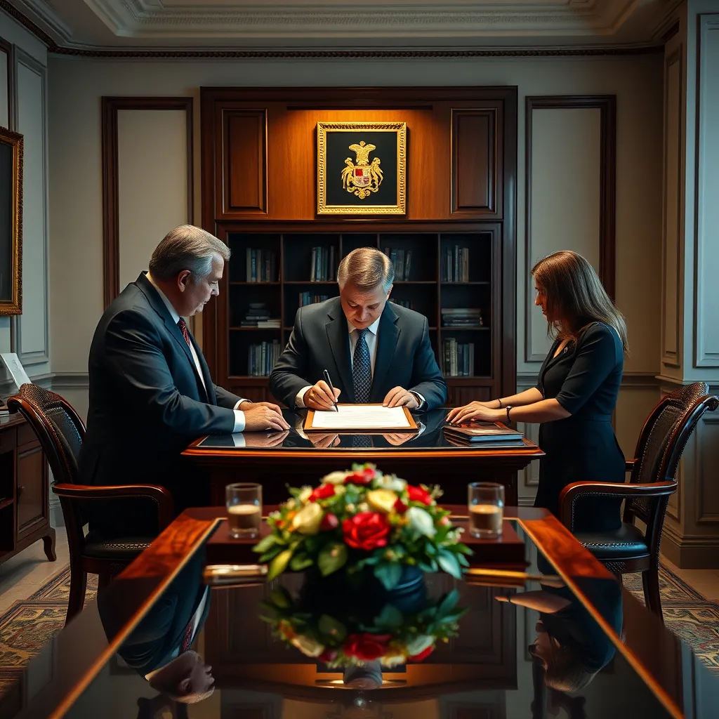 A group of three people, dressed formally, standing around a table with a notary public in a Panamanian office. They are signing a will document, with the notary public overseeing the process. The image should depict a scene of solemn and legal document signing.