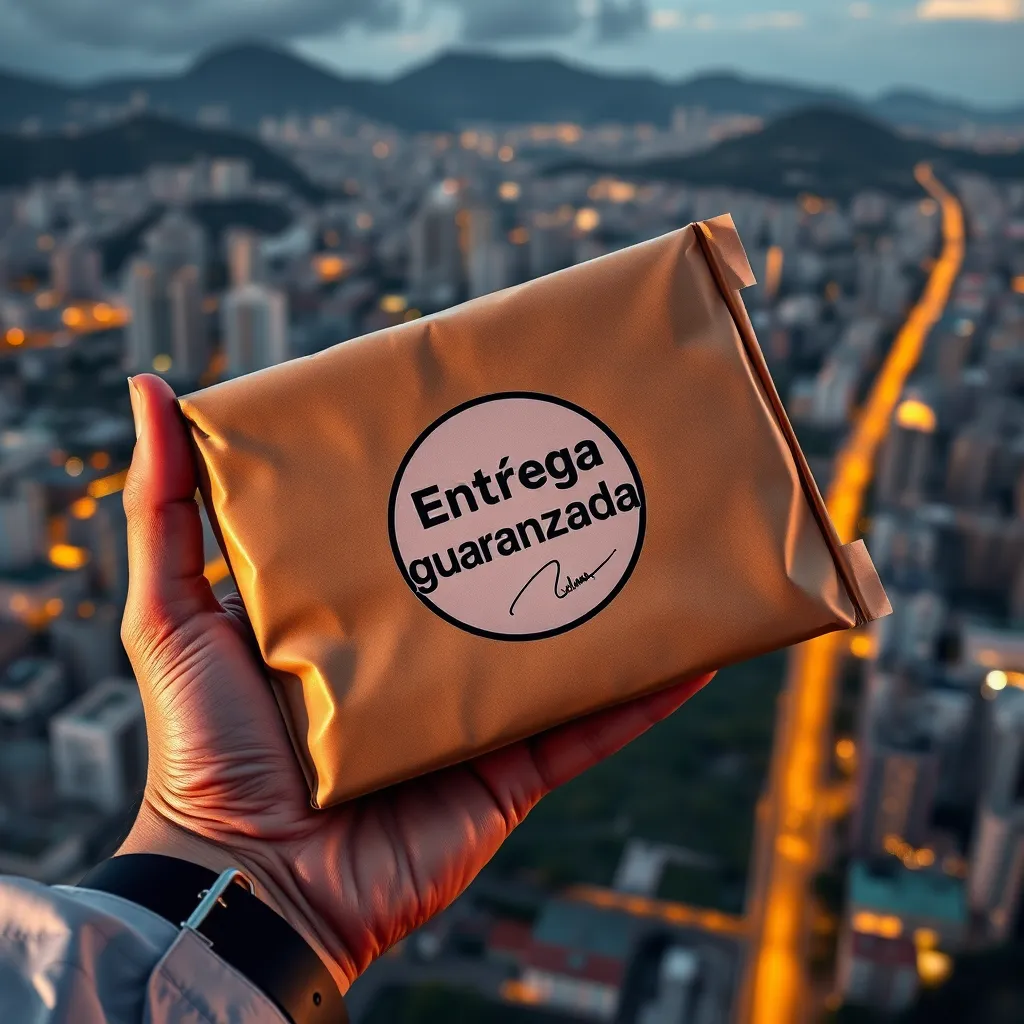 A hand holding a package with a seal that reads 'Entrega garantizada' and a signature, with a backdrop of a cityscape of Bogotá, Colombia. The image should convey a sense of security and reliability. 
