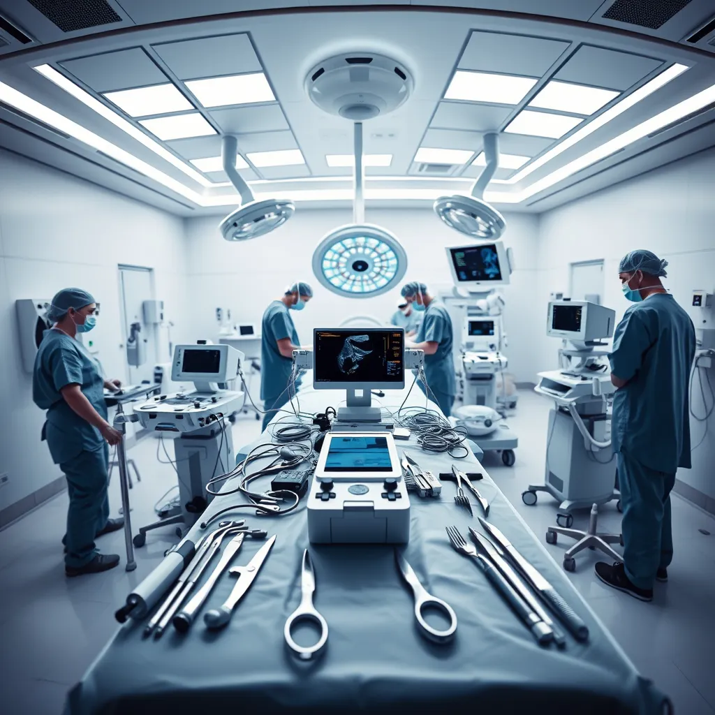 A high-angle, panoramic view of a modern hospital operating room, bathed in cool, sterile white light. In the center, a surgical table is adorned with a gleaming array of medical devices, including a laparoscopic camera, an ultrasound machine, and a variety of surgical instruments. The instruments are meticulously arranged, reflecting the sterile environment. In the background, medical personnel in scrubs and surgical masks are working diligently, adding a sense of urgency and professionalism.  The image should convey the precision, expertise, and advanced technology involved in modern medical procedures. Rendered in 8K resolution with a photorealistic style, emphasizing sharp details and realistic textures.  The image should evoke a sense of trust and reliability, representing Importadora Barmed's commitment to providing high-quality medical equipment.