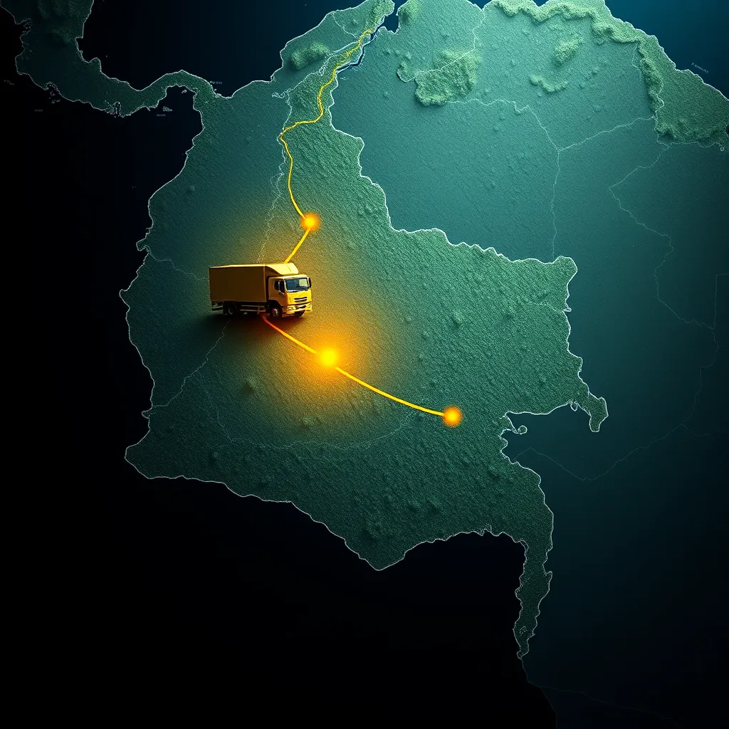A map of Colombia with a highlighted route from Bogotá to a remote village in the Amazon rainforest, with a delivery truck icon traveling on the route. The image should convey speed, reliability, and nationwide reach.