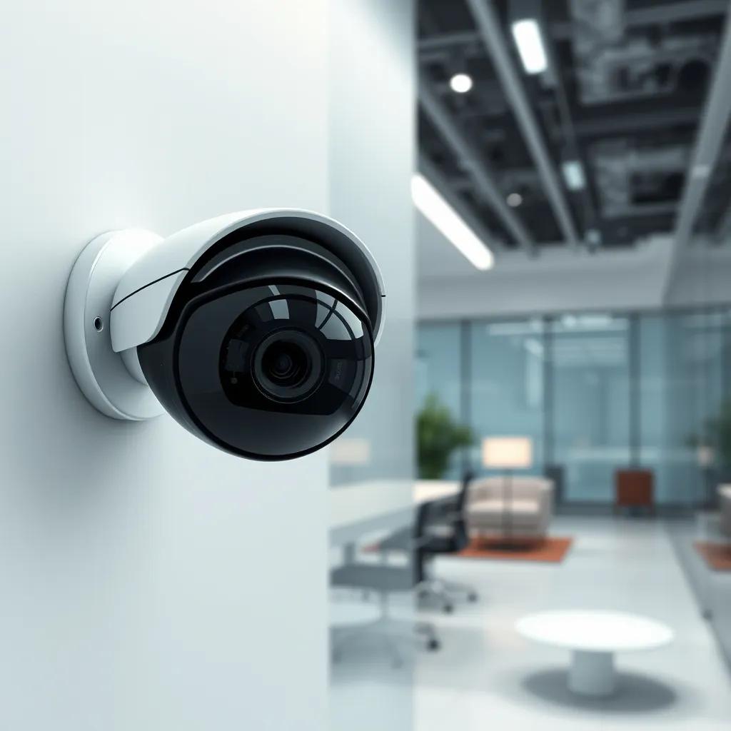 A modern and stylish photo of a security camera mounted on a wall inside a sleek, contemporary office space. The camera lens should be sharp and focused, capturing the details of the office environment. The image should have a clean and minimalist aesthetic, with soft, diffused lighting that creates a sense of calm and security. The image should focus on the camera's functionality and its ability to provide a clear and detailed view of the space. The background should be a modern office space with clean lines and minimalist furniture. The image should be rendered in ultra-high resolution, showcasing the intricate details of the camera and the office environment. The color palette should be neutral and calming, with subtle shades of gray, white, and black. The composition should be balanced and visually appealing, drawing the viewer's attention to the camera and its central role in ensuring safety.