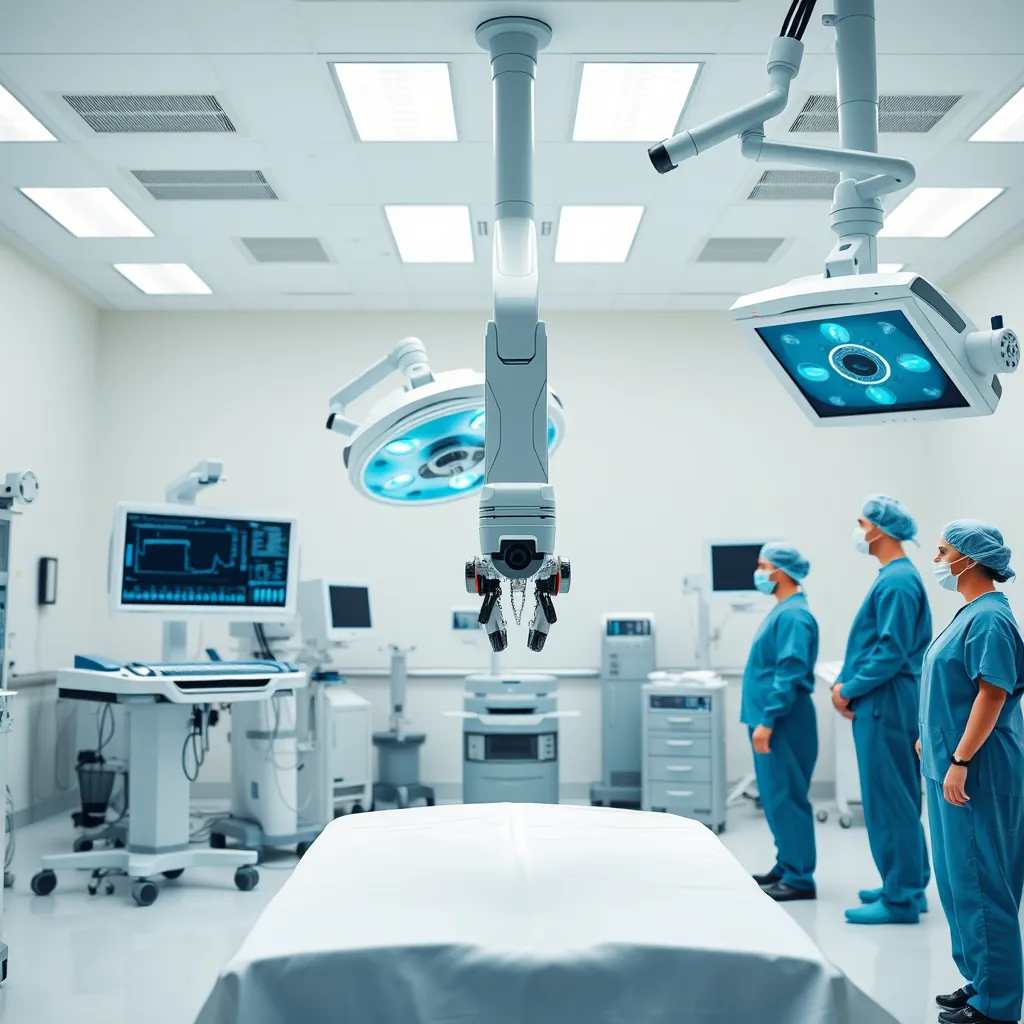 A modern hospital operating room with advanced medical equipment, including a robotic surgical system, a high-definition monitor, and a team of surgeons wearing scrubs and masks. The scene is bright and sterile, with a focus on the technology.