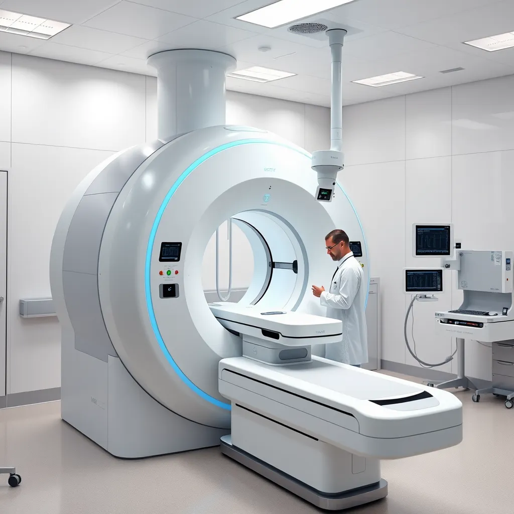 A modern hospital room in Panama with a sleek, advanced medical device like a CT scanner or a robotic surgical system. The room is bright and clean, showcasing the high-tech nature of the equipment. Include a doctor interacting with the device, demonstrating its advanced features.