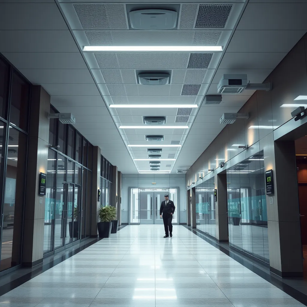 A modern office building with fire sprinklers in the ceiling, security cameras mounted on the walls, and a security guard patrolling the lobby. The image should convey a sense of safety and security.