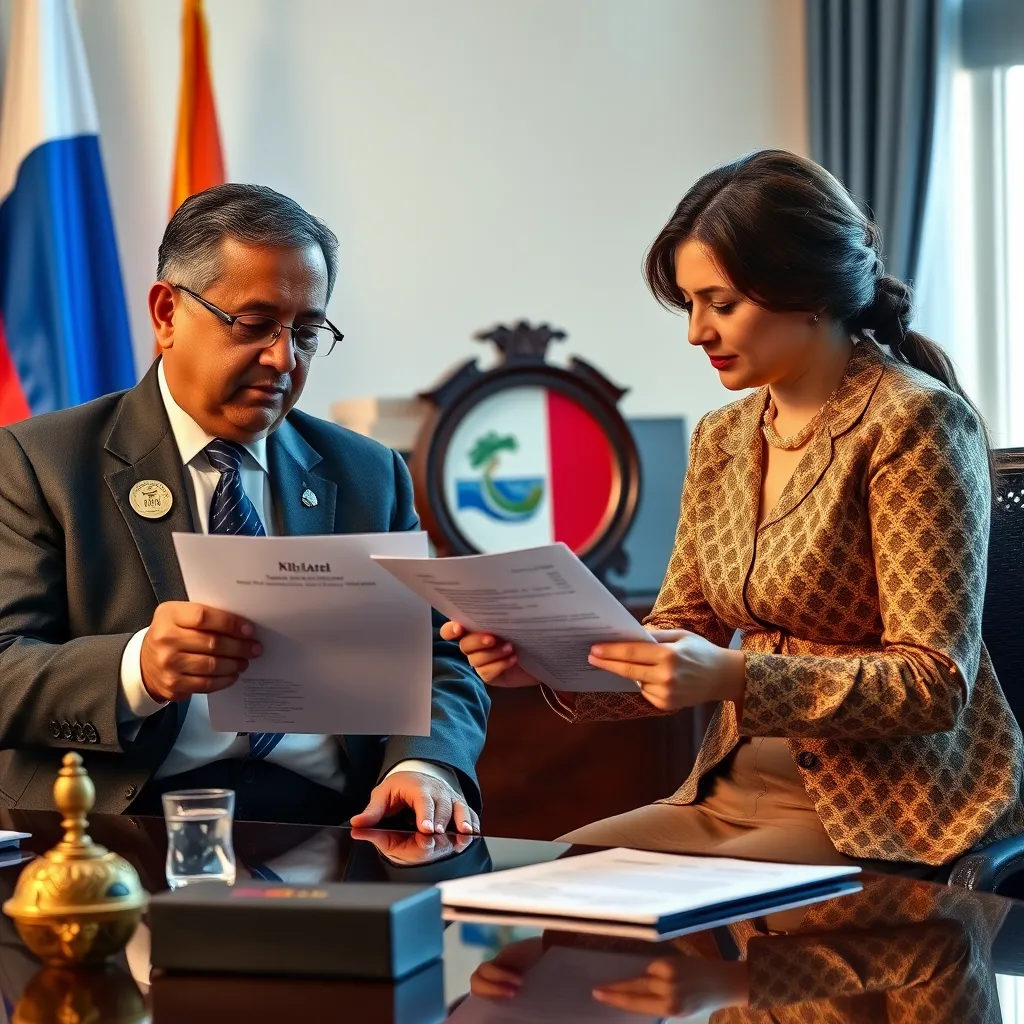 A notary public in Panama, with a traditional notary seal and flag, is overseeing a will signing. The testator is seated next to a Spanish-speaking translator who is assisting them in understanding the document.  A Spanish version of the will is visible, highlighting the importance of translation in the process.
