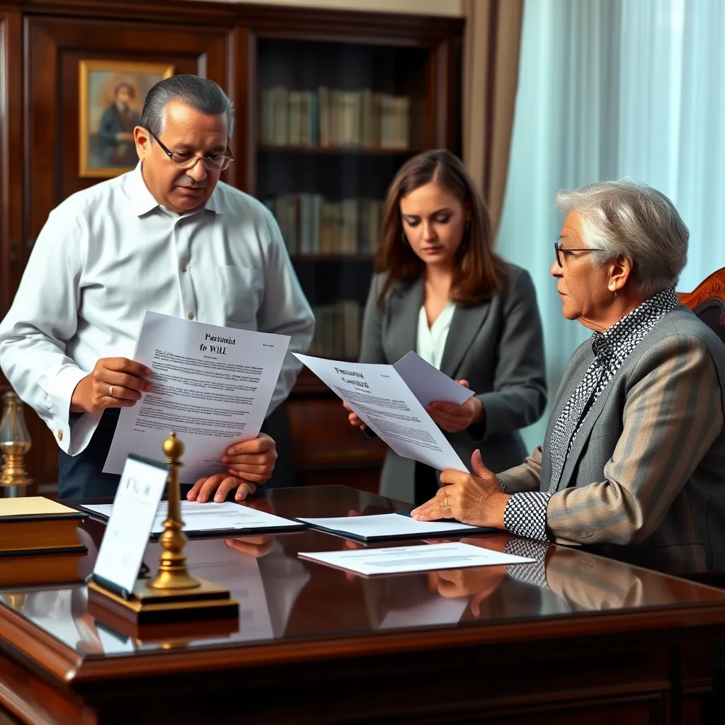 A Panamanian notary public is sitting at a desk with a testator and a sworn translator. The notary is explaining the will document to the testator, who is listening attentively. The translator is standing beside the testator and is interpreting the notary's words. The image should depict a scene of professional interpretation and legal assistance.