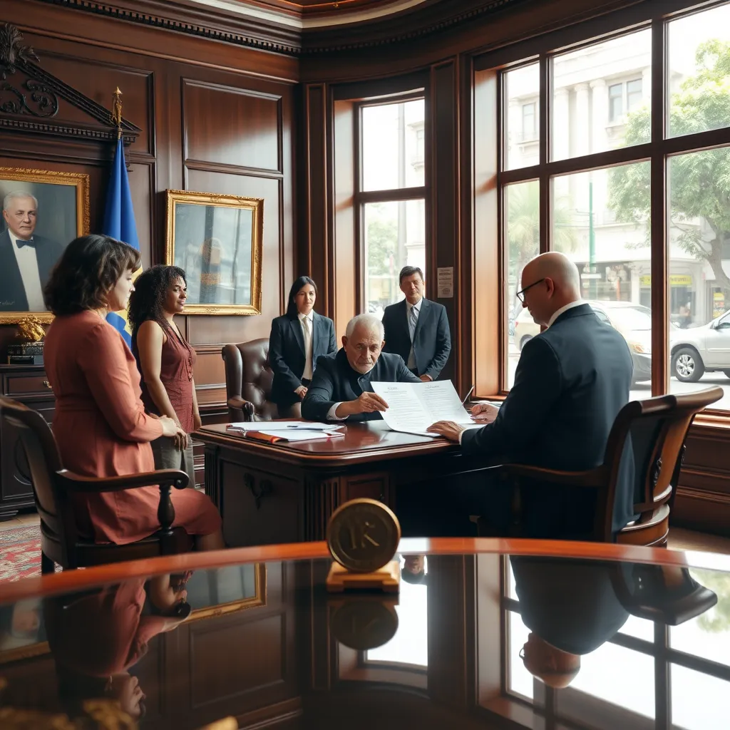A Panamanian notary public's office with elegant mahogany furniture and a large window overlooking a bustling Panamanian street. The notary public, wearing a traditional black robe, is seated at a desk, reviewing a Last Will and Testament document with an older client. Three witnesses are present,  wearing casual attire, observing the proceedings. The scene should be full of natural light, highlighting the formality of the setting.  Include details like a Panamanian flag, a framed legal document, and a notary seal. Render in hyperrealistic style with 8K resolution.