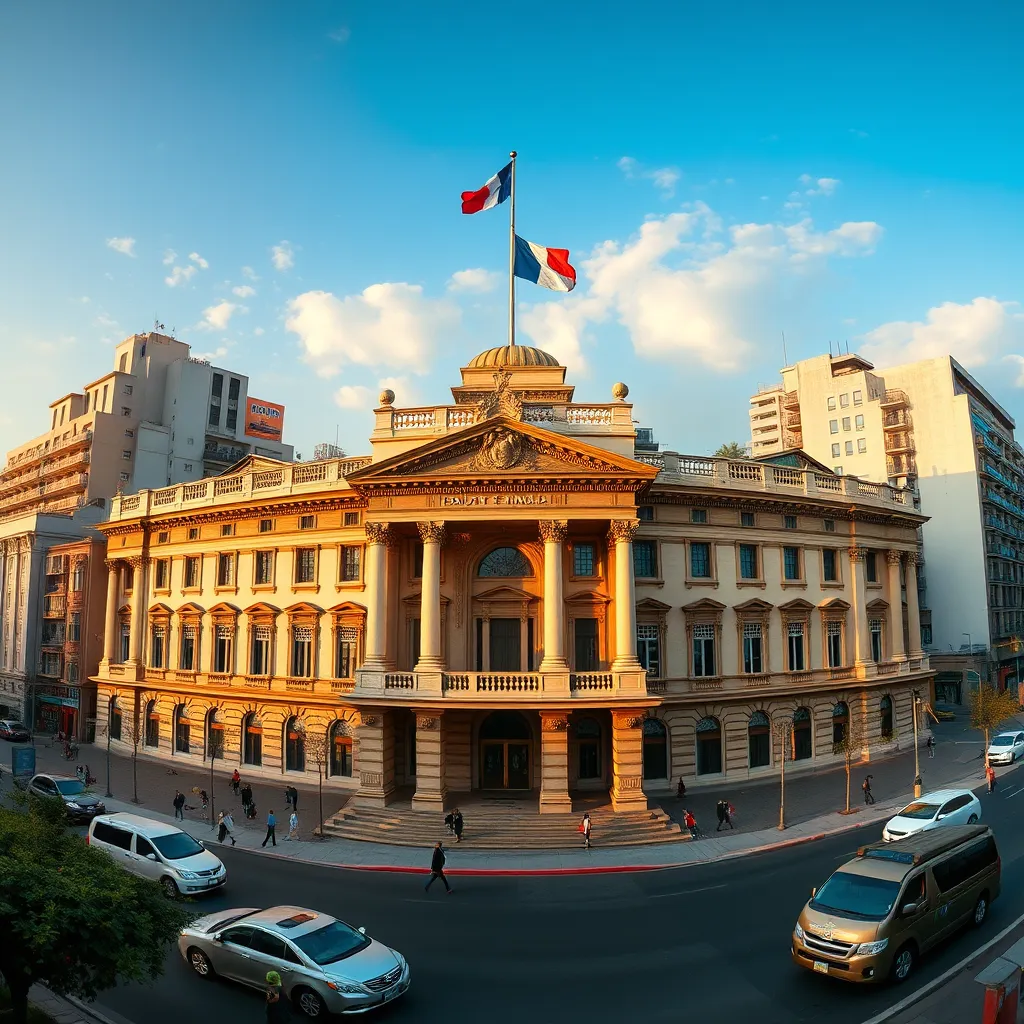 A panoramic view of a government building with an intricate facade and a flag of Panama flying proudly on top. The building should be situated in a bustling city setting, with people walking by and cars driving on the streets, symbolizing the search for information and the complex procedures involved in birth registration.