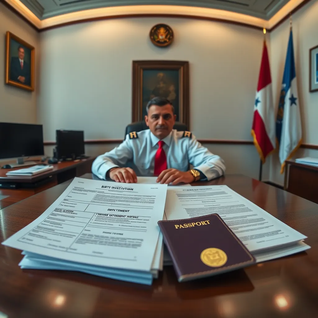 A panoramic view of a government office with a director or deputy director sitting at their desk reviewing a stack of documents. The documents are spread out, highlighting a birth investigation form, a passport, and a sworn statement. The office has a formal setting with a desk, a computer, and a Panamanian flag.
