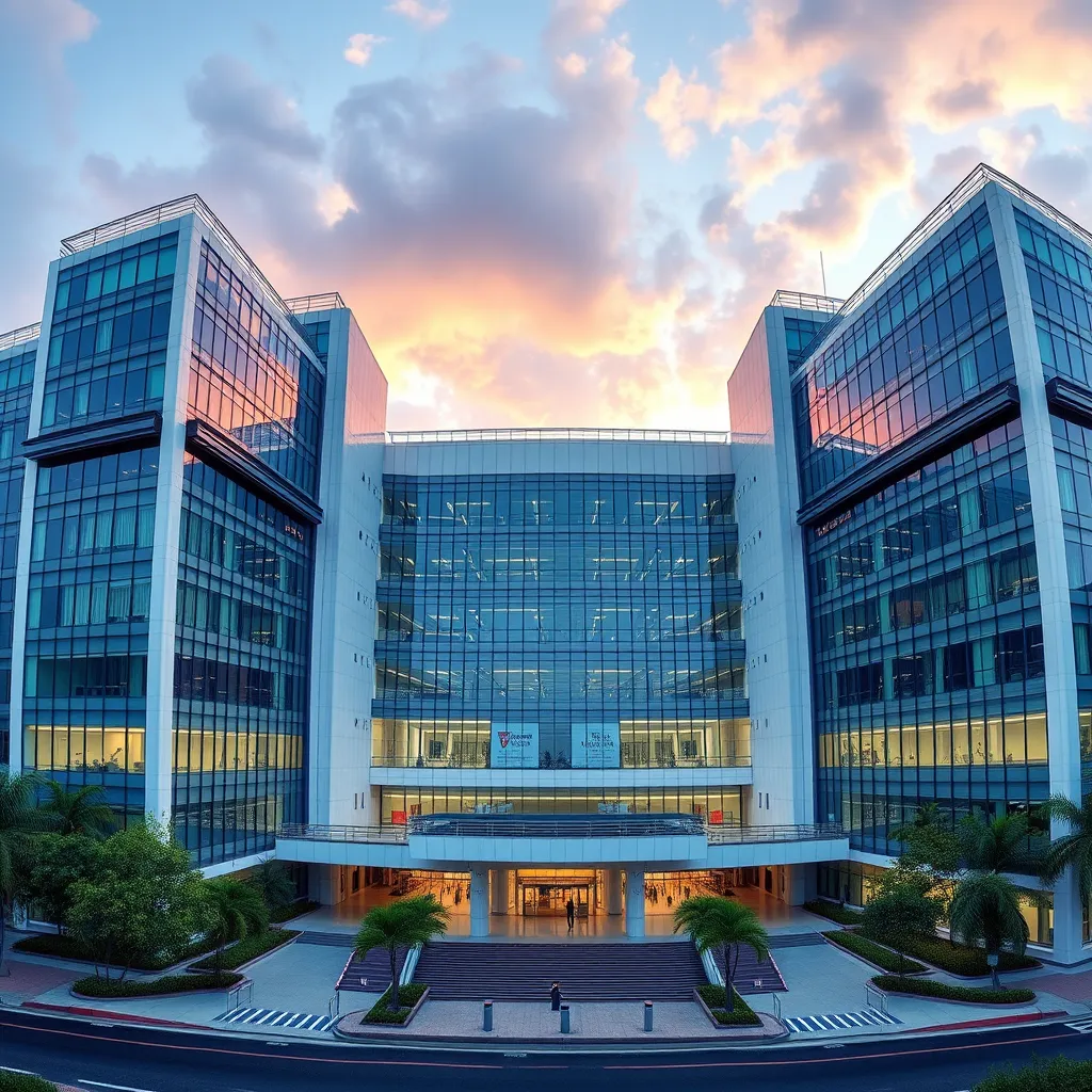 A panoramic view of a new or renovated hospital building in Panama City, showcasing modern architecture and advanced medical facilities. The scene should capture the country's commitment to investing in healthcare infrastructure.