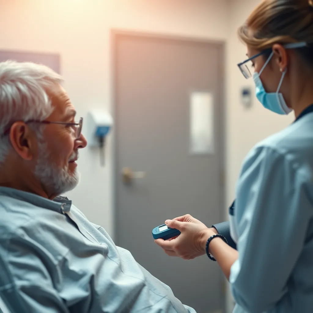 A patient in a clinic setting, being monitored by a healthcare professional using a portable medical device, like a glucose meter or a blood pressure monitor. The scene should convey a focus on personalized care and disease management.