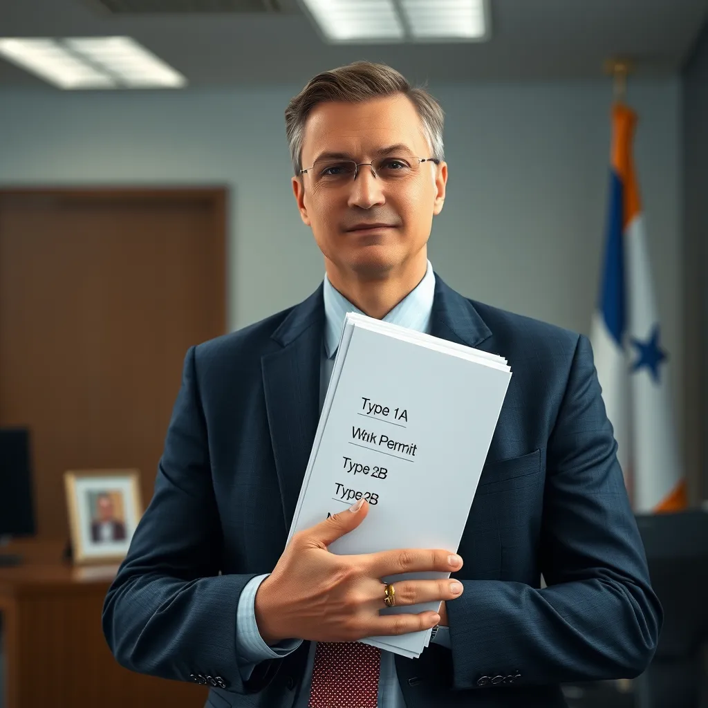 A person in a business suit, holding a stack of documents, each labeled with a different work permit type (e.g., Type 1A, Type 2B, etc.). The background should be a professional office setting, with a Panamanian flag visible.