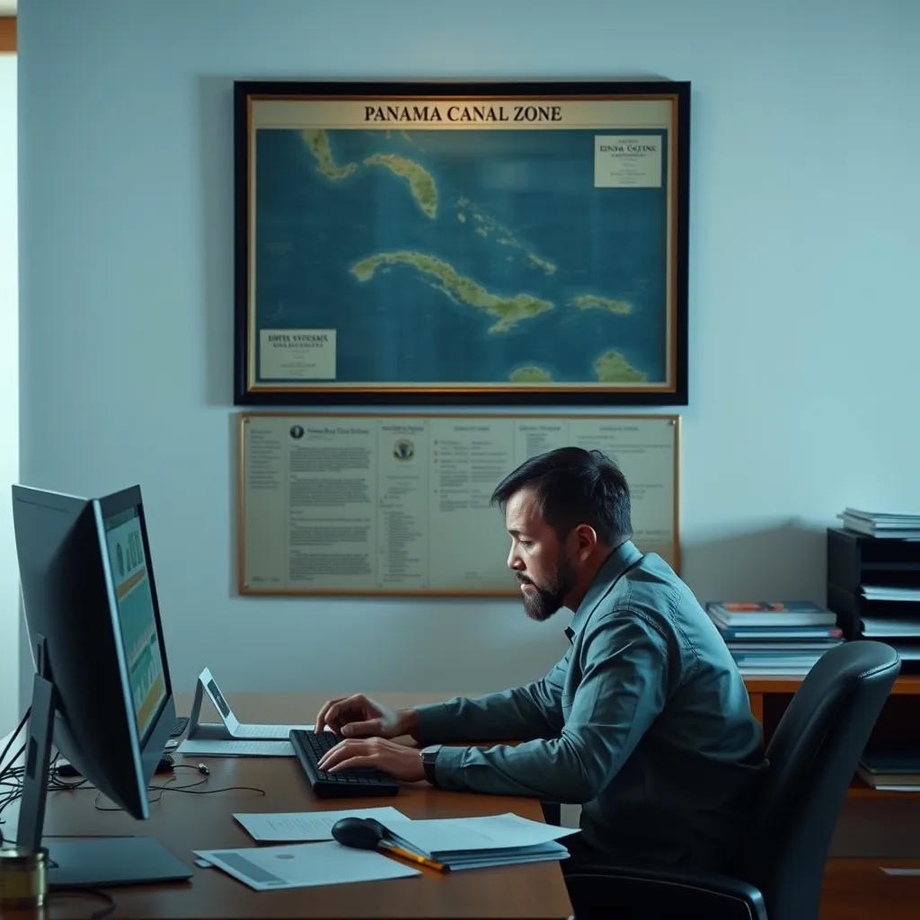 A person sitting at a desk, researching on a computer, trying to locate records from the U.S. Department of State. In the background, a wall-mounted map of the Panama Canal Zone hangs, visually representing the historical context of the birth registration.