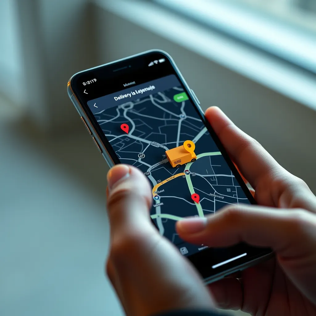 A person using a smartphone to track the location of a delivery on a map app, with the package icon moving along the route, showing the real-time tracking of a delivery. The image should be close-up on the phone screen, emphasizing the tracking feature. 