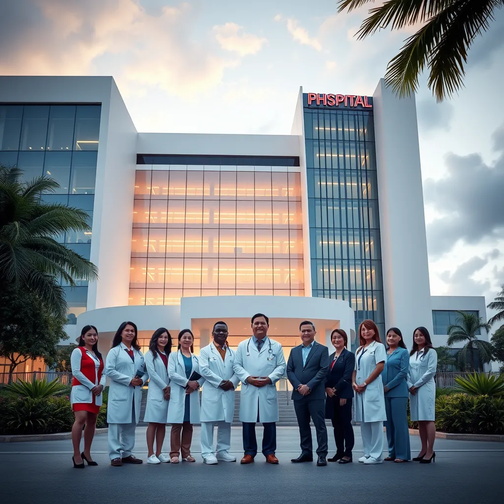 A photo of a hospital building with a modern, futuristic design, highlighting the collaboration between public and private sectors in the development of healthcare infrastructure in Panama. Show a group of doctors, nurses, and government officials standing together in front of the hospital, symbolizing the partnership.