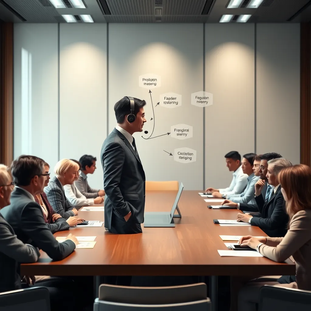 A photorealistic image of a conference room with people of different nationalities gathered around a table. An interpreter stands near the head of the table, using a headset to simultaneously translate a speaker's words into multiple languages. The scene should convey a sense of professionalism, clarity, and international collaboration.