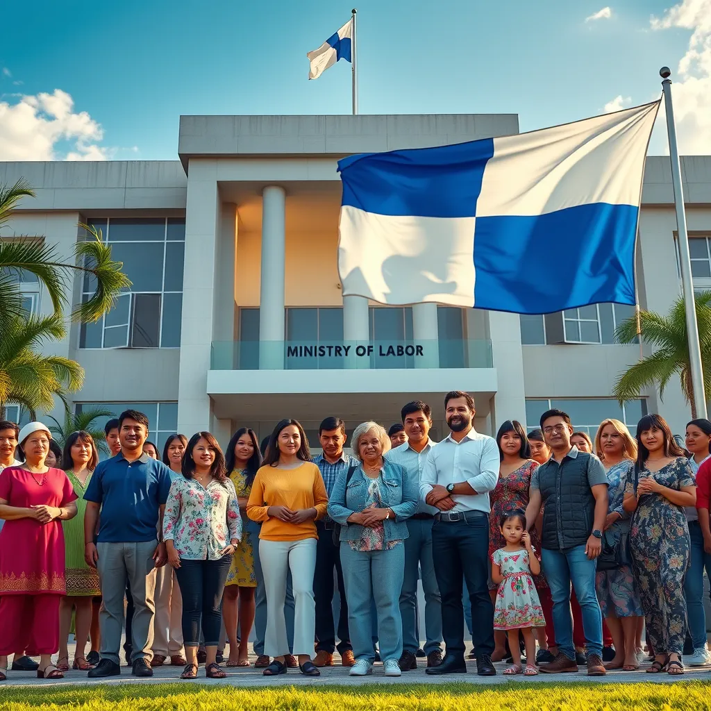 A photorealistic image of a diverse group of people, some with families, standing in front of a government building representing the Ministry of Labor in Panama, with the Panamanian flag waving in the background. The image should convey the idea of individuals seeking work permits due to their connection to Panama through residency or family ties.