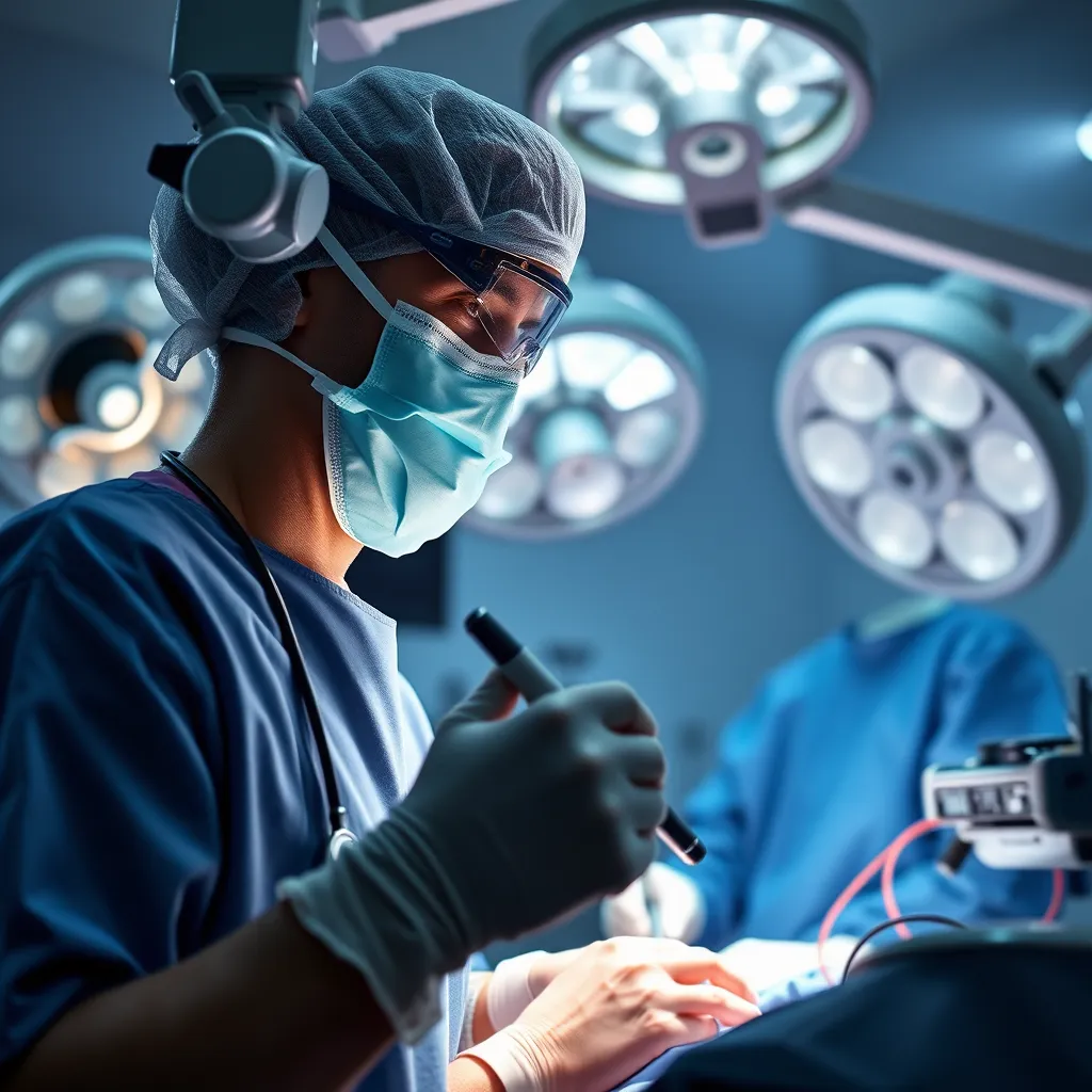 A photorealistic image of a doctor performing a minimally invasive surgery in an operating room. The scene should feature advanced surgical equipment, a sterile environment, and a focused, skilled surgeon. The image should convey the growing importance of specialized healthcare in Panama.