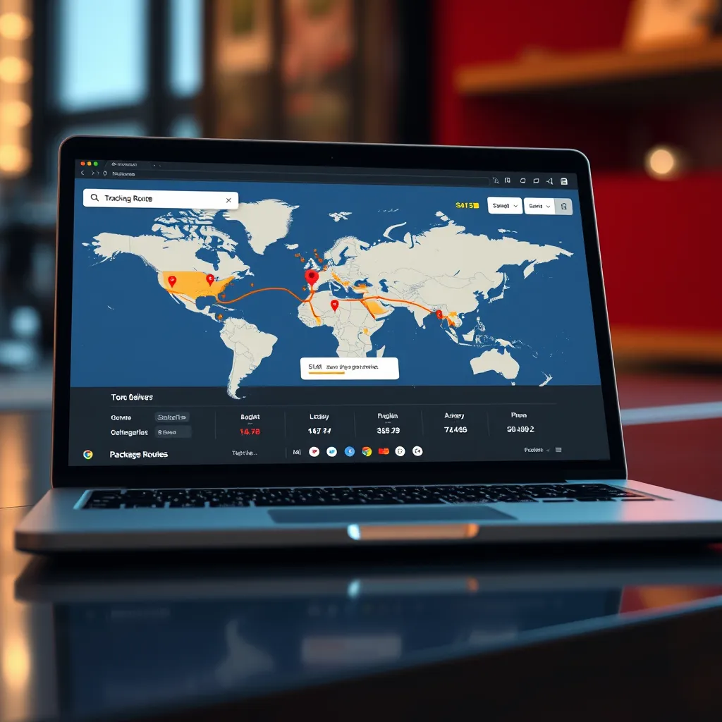 A photorealistic image of a laptop screen displaying a tracking map with a delivery route, showing the package's location moving in real-time. The image should convey speed, efficiency, and technology-driven services.