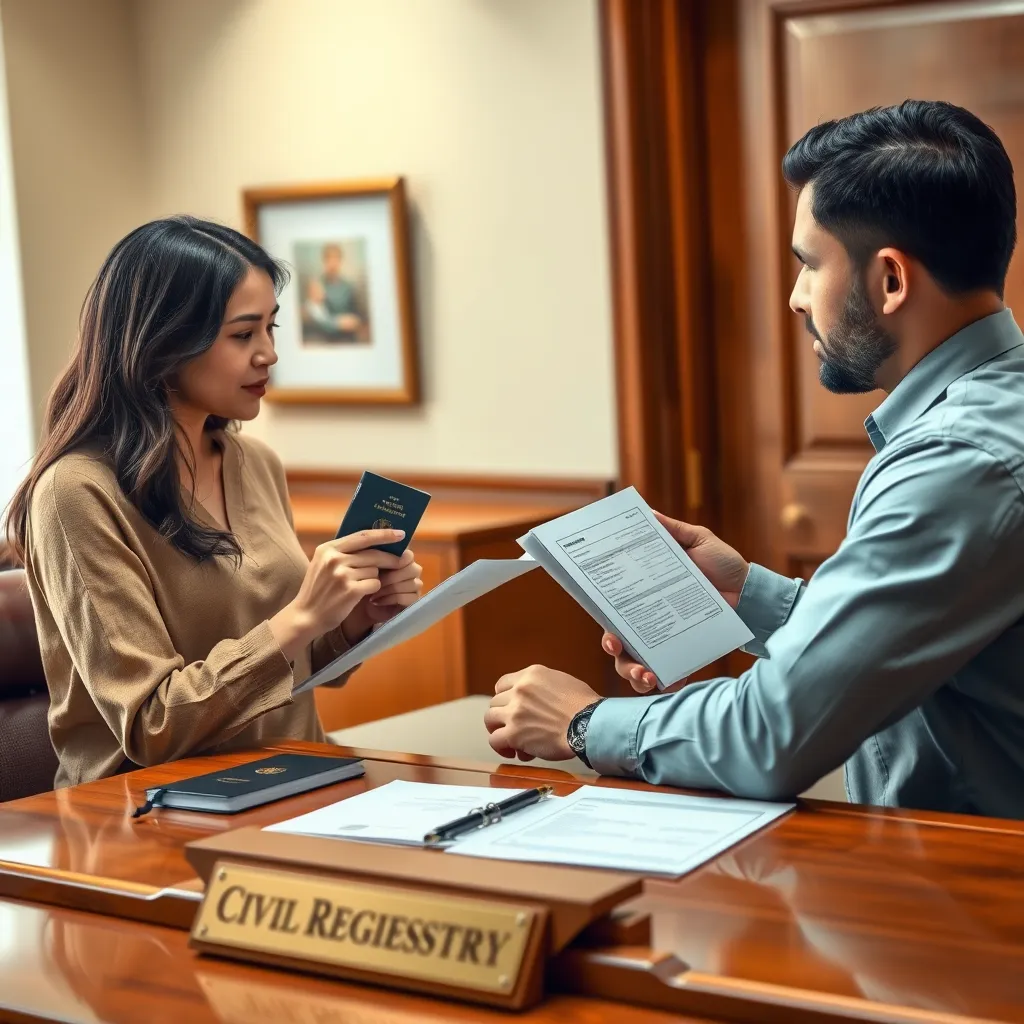 A photorealistic image of a mother and father, dressed casually, presenting documents to a civil registry officer. The officer, seated at a desk, is reviewing the documents with a neutral expression. The documents include passports, national identity cards, and a birth certificate. The desk is made of polished wood with a brass nameplate that reads "Civil Registry". The background is a warm and welcoming government office setting, with neutral colors and soft, diffused lighting. The image should focus on the interaction between the family and the officer, highlighting the collaborative nature of the birth registration process. The image should be rendered in 8K resolution with hyperrealistic details, emphasizing the importance of accurate documentation and a family-oriented approach.
