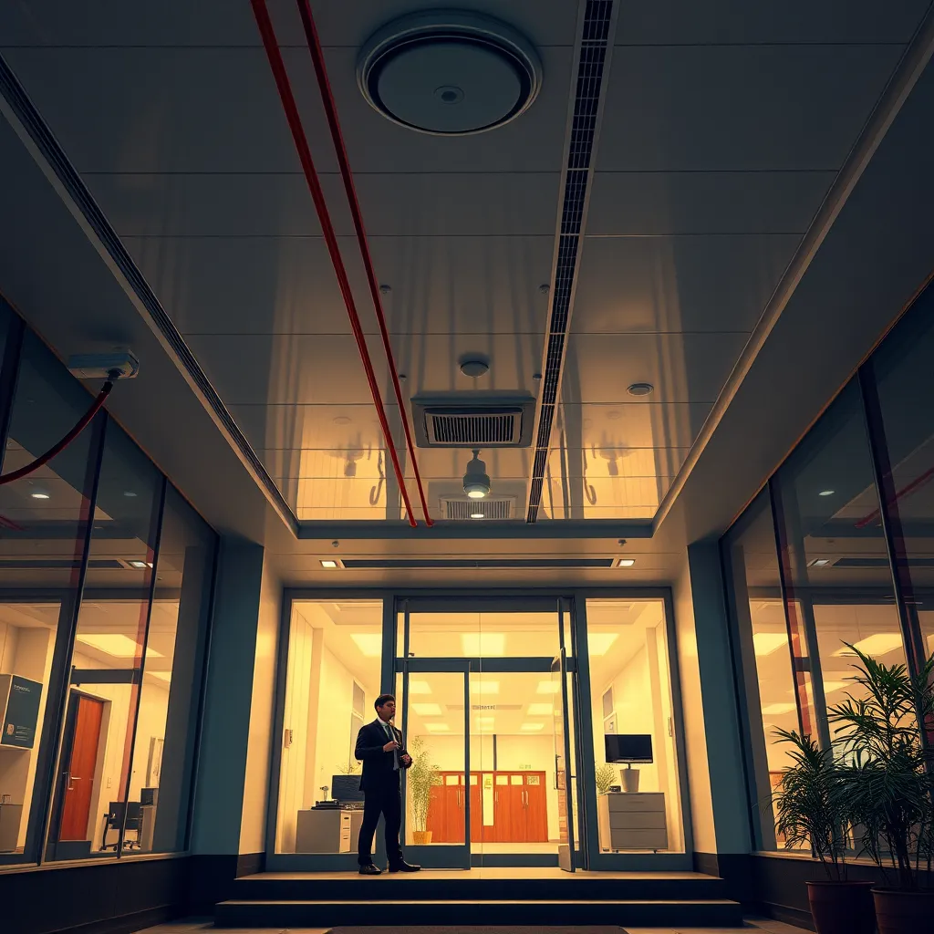 A photorealistic image of a modern office building with fire sprinklers visible on the ceiling, security cameras mounted on the walls, and a security guard patrolling the entrance. The image should convey a sense of safety and security.