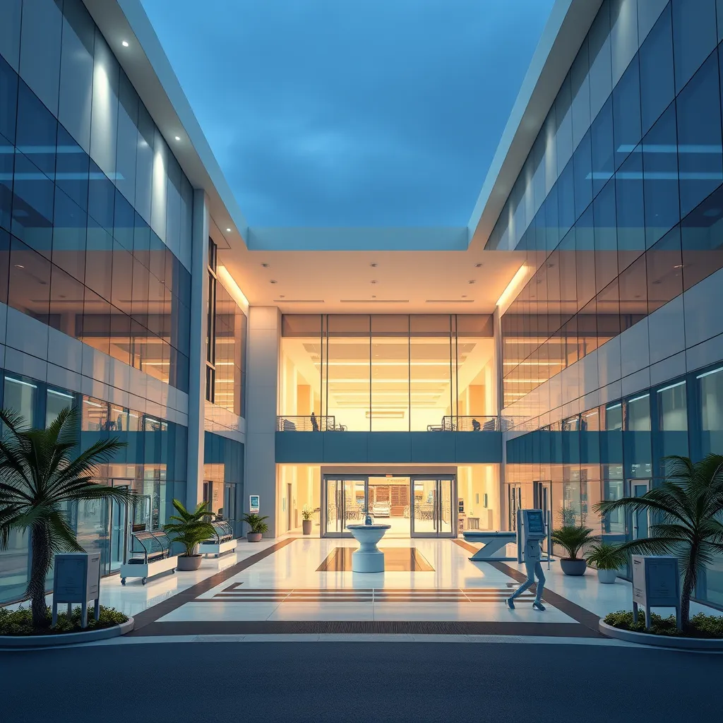 A photorealistic image of a modern hospital building in Panama City, featuring sleek, modern architecture and advanced medical equipment inside, with a bright, welcoming atmosphere. The image should convey a sense of progress and investment in healthcare infrastructure.