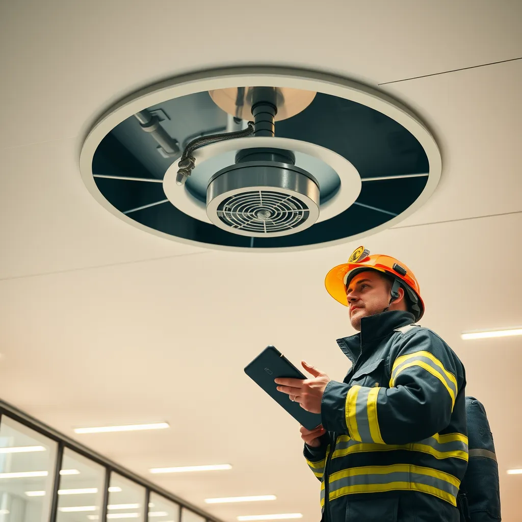 A photorealistic image of a modern office building with a fire sprinkler system installed in the ceiling. The sprinkler head is visible, and there is a firefighter inspecting the system with a tablet, ensuring its functionality.