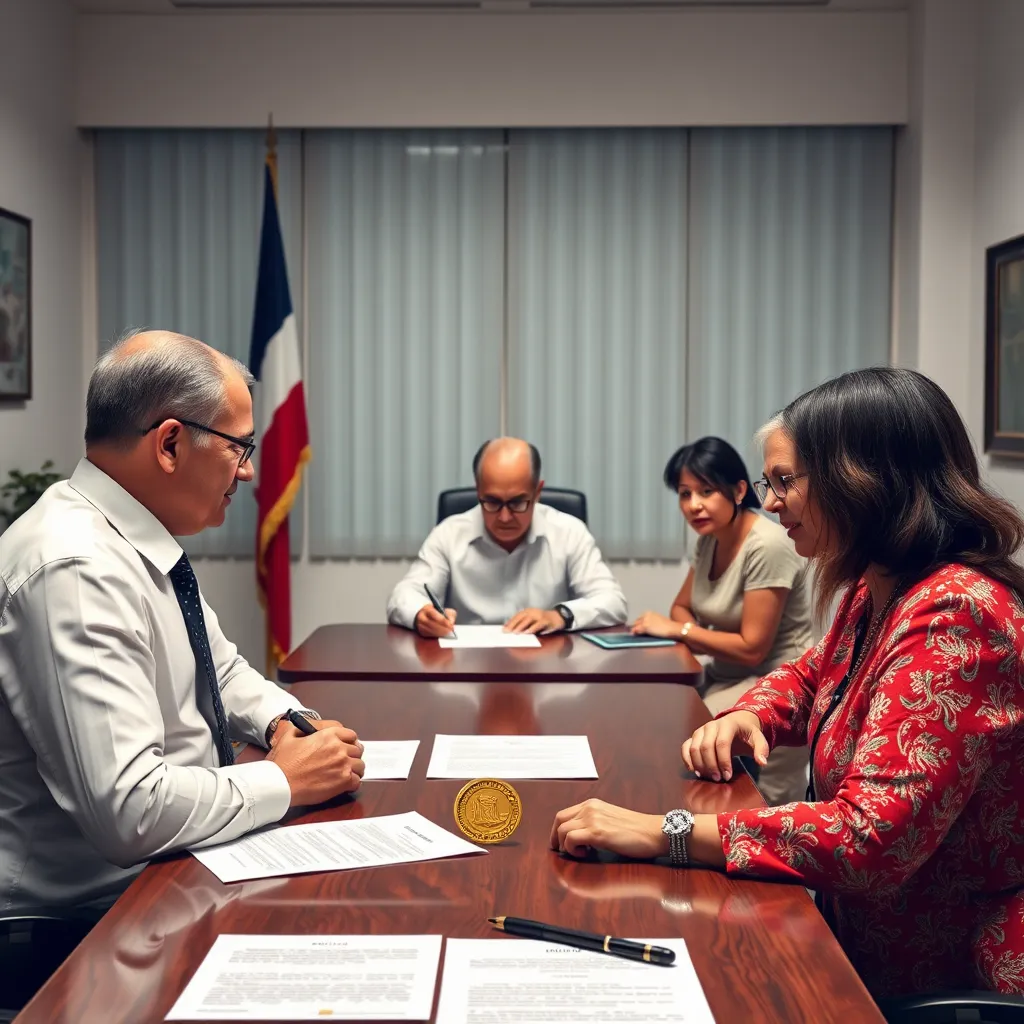 A photorealistic image of a notary public's office in Panama City, showcasing a table with a testator and three witnesses. The notary public is seated at the head of the table, looking at the witnesses as they sign the will. The witnesses are diverse, with a mix of ages and backgrounds, representing the requirement of independent and unrelated individuals. There should be legal documents and a notary seal on the table, highlighting the official nature of the process.