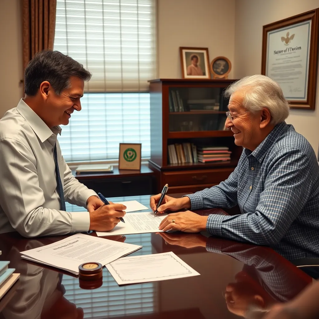 A photorealistic image of a notary public in a Panama City office, reviewing documents with an elderly couple. They are seated at a table, with the notary public holding a pen and looking intently at the couple, who are smiling and nodding. The notary public's desk is organized with legal documents, a notary seal, and a framed certificate of good mental health, suggesting the importance of this document for elderly testators.