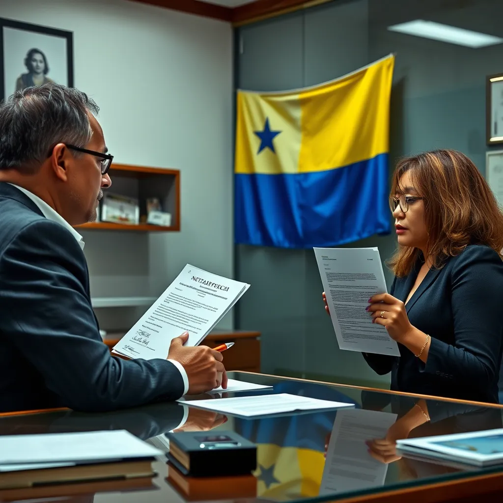 A photorealistic image of a notary public's office in Panama City, showing a testator and a sworn translator engaged in a conversation. The notary public is listening attentively, with a pen and notepad in hand. The translator is holding a document in both Spanish and English, emphasizing the importance of language accessibility in the process. The office is neatly organized, with a Panamanian flag displayed prominently, signifying the legal context of the proceeding.