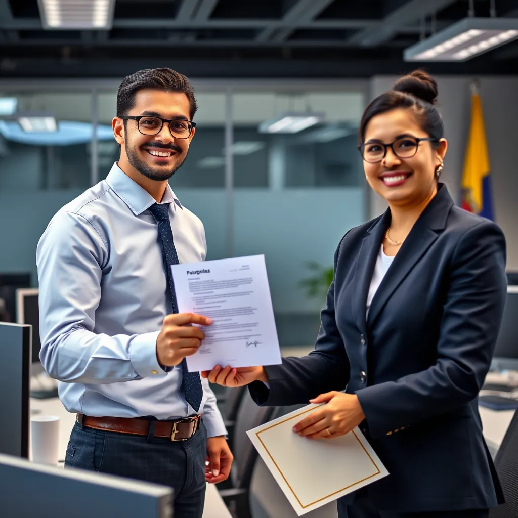 A photorealistic image of a person, dressed professionally, smiling and handing a document to another person, dressed professionally, who is holding a stamp and an official-looking document. The background should be a modern office setting with computers, desks, and a Colombian flag on the wall. The image should convey a sense of efficiency, speed, and professionalism.