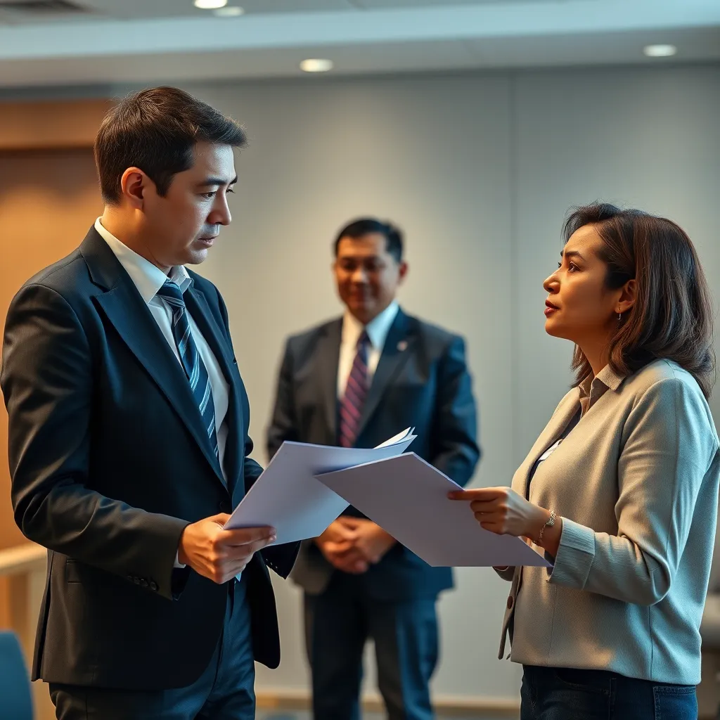 A photorealistic image of a professional interpreter in a formal setting, interacting with a person who is visibly nervous and holding immigration documents, while a government official observes in the background. The scene should convey a sense of trust, professionalism, and understanding.