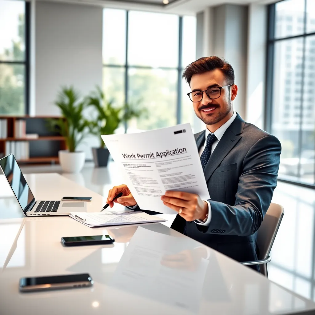 A photorealistic image of a professional, well-dressed lawyer sitting at a sleek, modern desk in a spacious office. The lawyer is holding a pen and reviewing a document titled 'Work Permit Application' with a confident expression. The office is filled with natural light streaming through large windows, creating a bright and welcoming atmosphere. The desk is organized with a laptop, a smartphone, and a potted plant, adding a touch of professionalism and warmth. The image should have a high level of detail, capturing the texture of the lawyer's suit, the glossy surface of the desk, and the intricate details of the paperwork. The composition should focus on the lawyer's hands and the document, conveying the sense of precision and attention to detail involved in the application process. The image should be rendered in a style reminiscent of contemporary legal photography, with a clean and sharp aesthetic.  8K resolution, hyperrealistic, ultra-detailed, high-contrast, shallow depth of field, focus on the document and lawyer's hands.