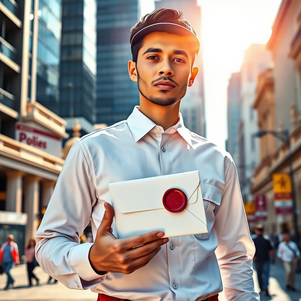 A photorealistic image of a professional courier in a crisp, white uniform, standing on a bustling street in Bogotá. The courier is holding a sealed envelope with a red wax seal, symbolizing importance and confidentiality. Sunlight streams through the city, creating soft highlights on the envelope and the courier's face. The background features a mix of modern skyscrapers and colonial architecture, conveying the city's blend of modernity and tradition. The image should be in a cinematic style, with a wide-angle lens and a shallow depth of field, focusing on the courier and the envelope. The color palette should be warm and inviting, with vibrant blues and yellows representing the energy and efficiency of the service.